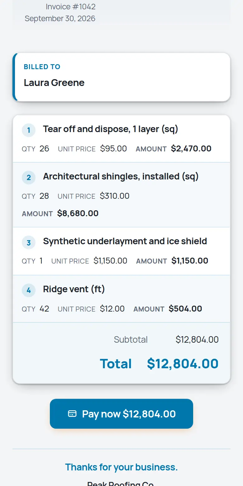 A TrackOver invoice on a phone with the Pay now button