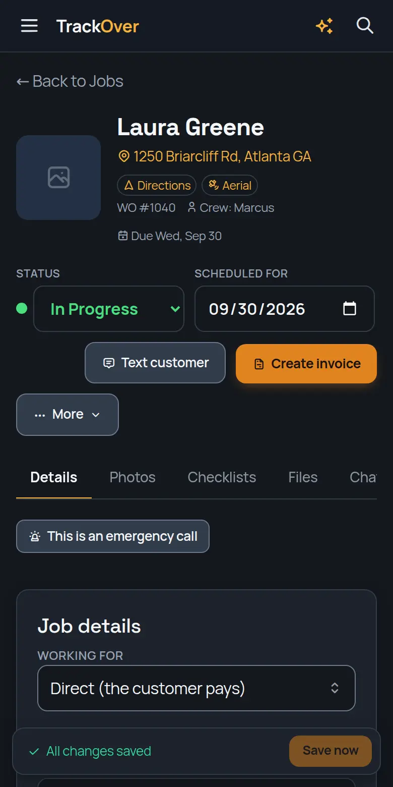 A TrackOver job page on a phone: customer, address, status and the invoice button