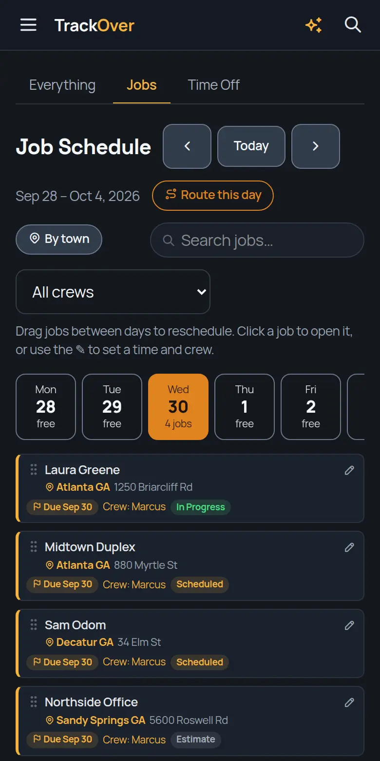 TrackOver job schedule on a phone, with the day's jobs, crew and status