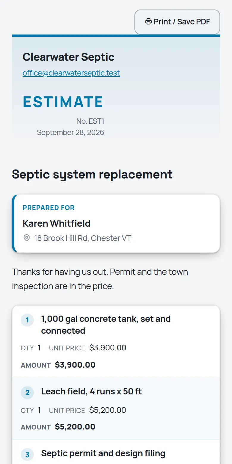 A TrackOver estimate as the customer sees it on a phone