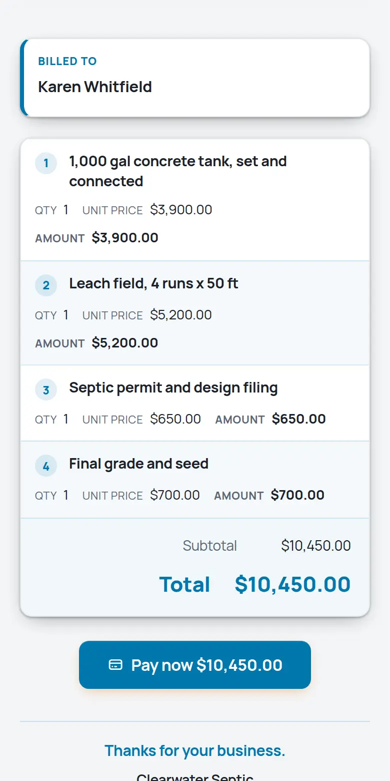 A TrackOver invoice on a phone with the Pay now button