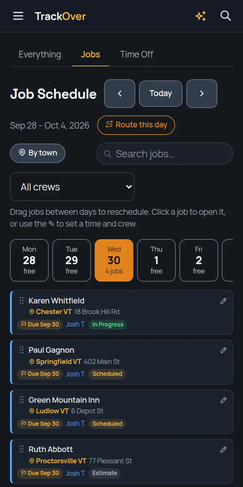 TrackOver job schedule on a phone, with the day's jobs, crew and status