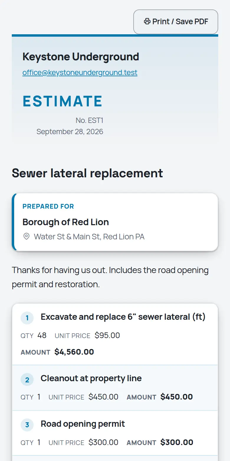 A TrackOver estimate as the customer sees it on a phone