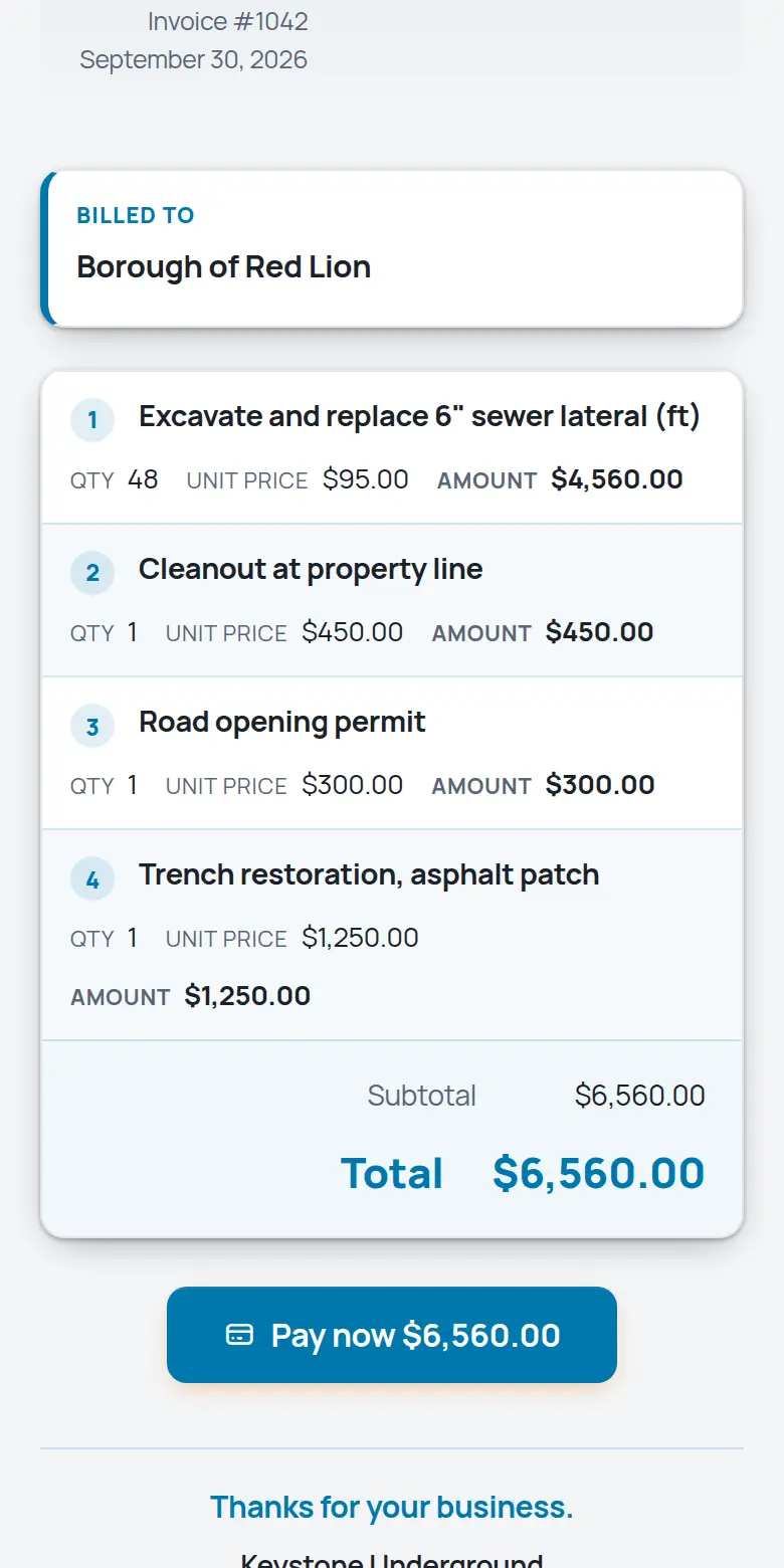 A TrackOver invoice on a phone with the Pay now button