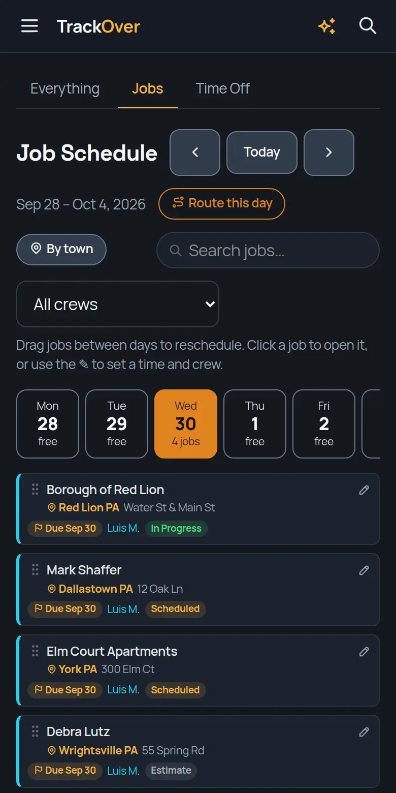 TrackOver job schedule on a phone, with the day's jobs, crew and status
