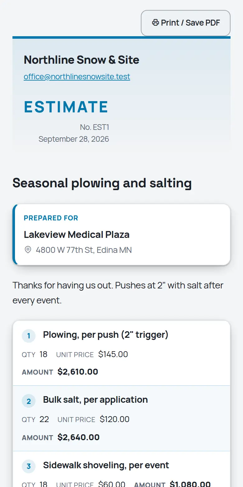 A TrackOver estimate as the customer sees it on a phone