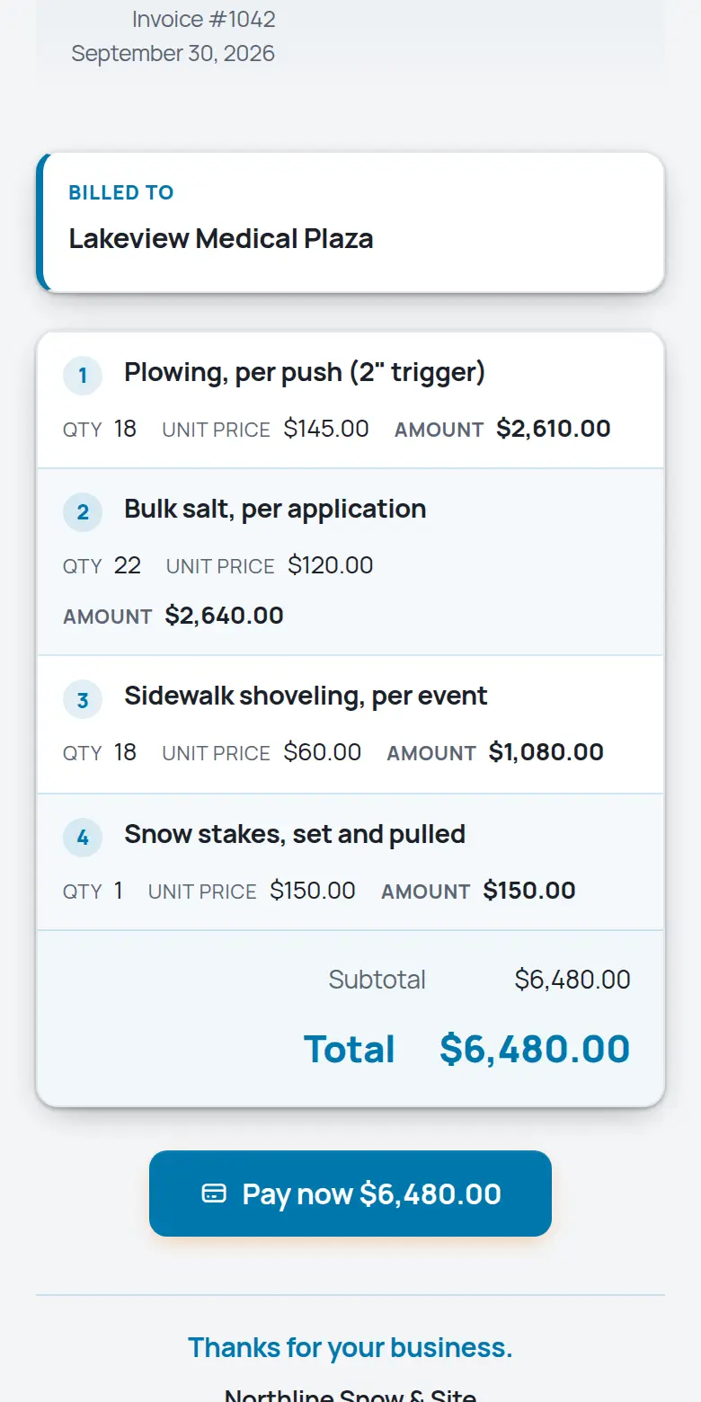A TrackOver invoice on a phone with the Pay now button
