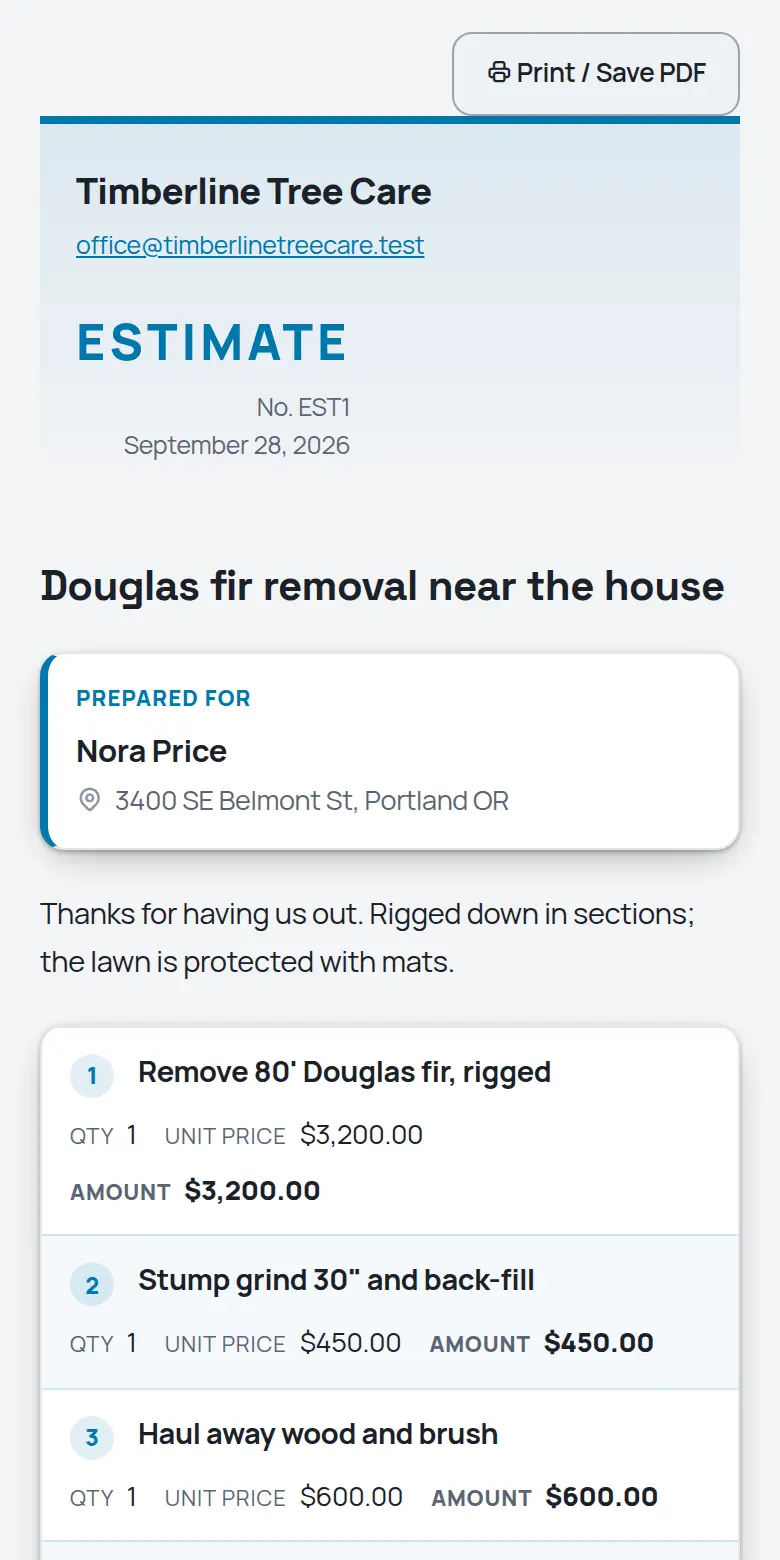 A TrackOver estimate as the customer sees it on a phone