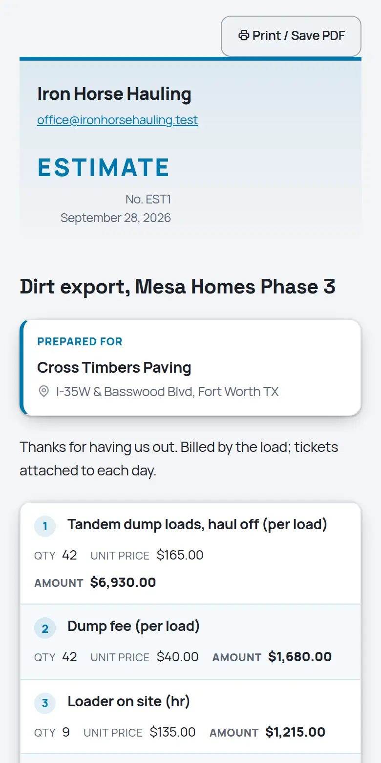 A TrackOver estimate as the customer sees it on a phone