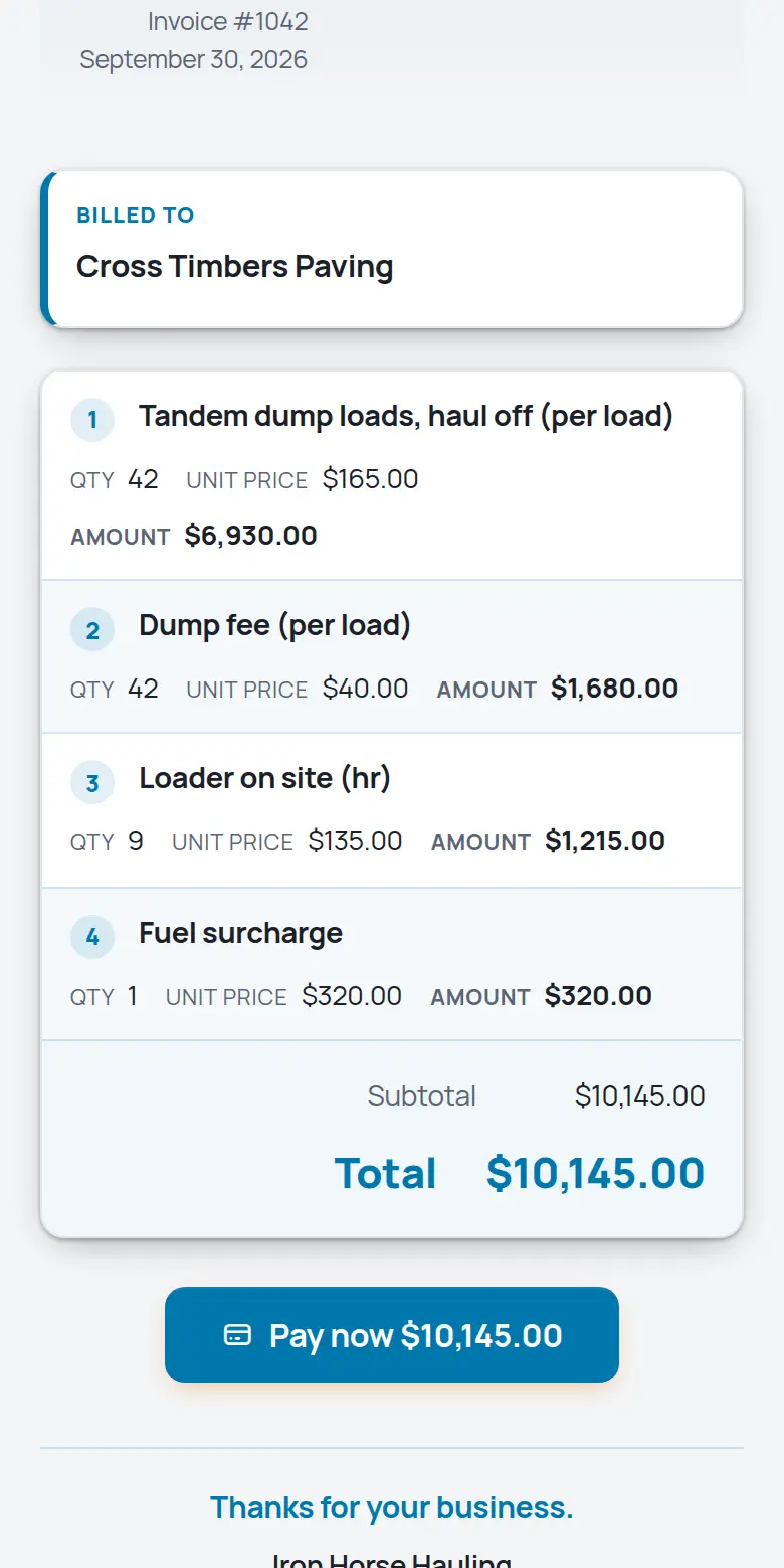 A TrackOver invoice on a phone with the Pay now button