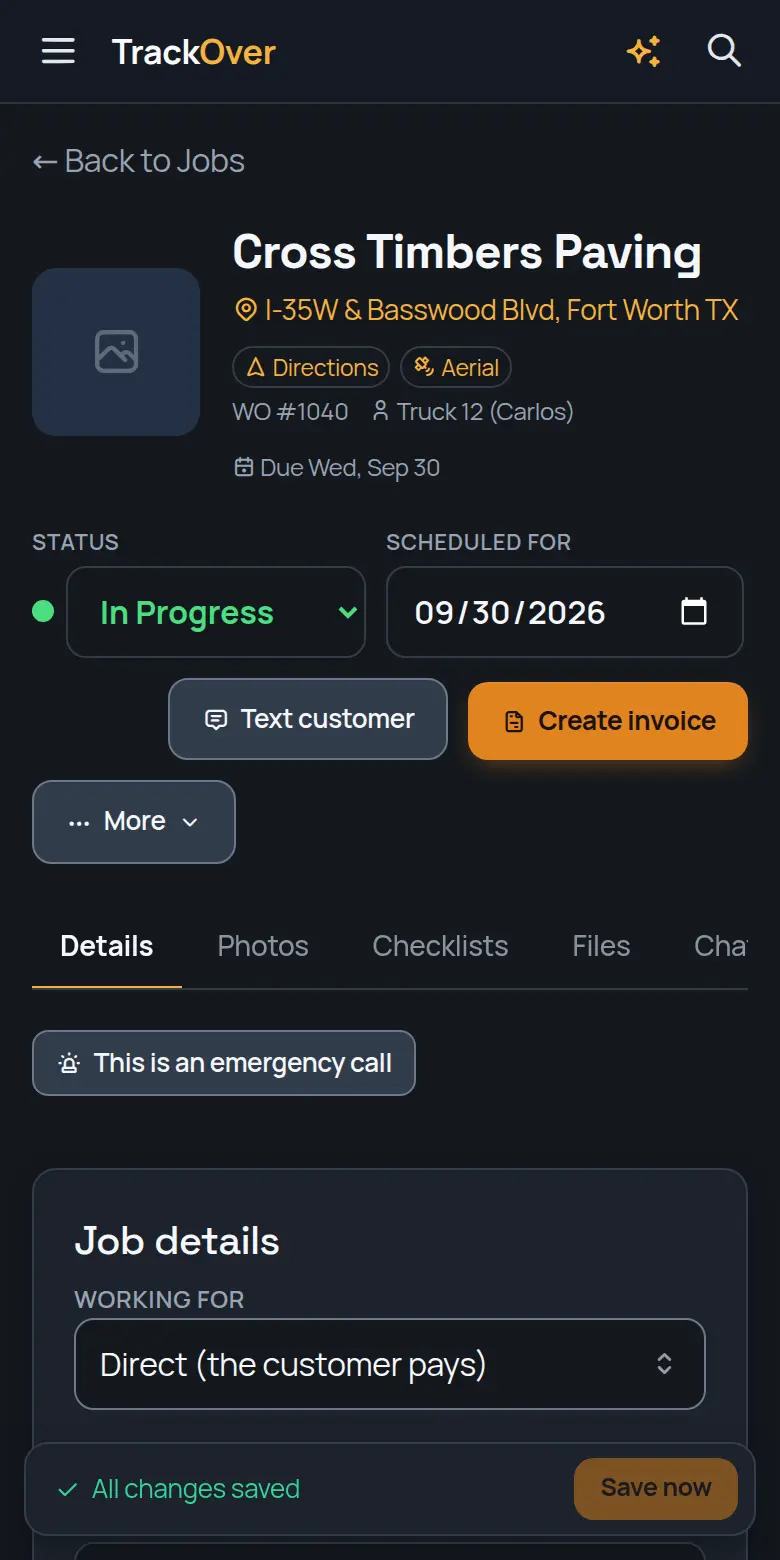 A TrackOver job page on a phone: customer, address, status and the invoice button