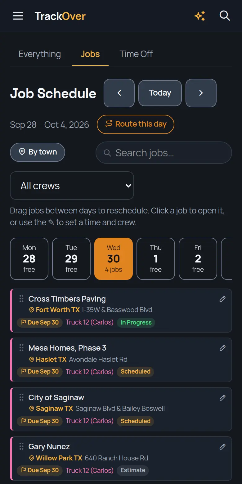 TrackOver job schedule on a phone, with the day's jobs, crew and status