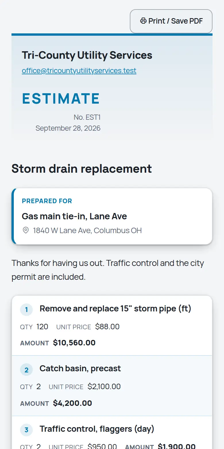 A TrackOver estimate as the customer sees it on a phone