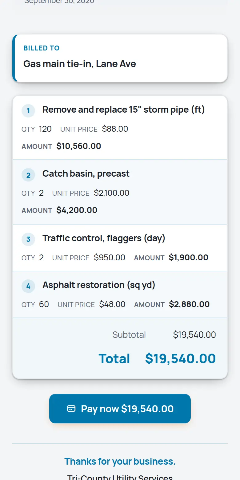 A TrackOver invoice on a phone with the Pay now button