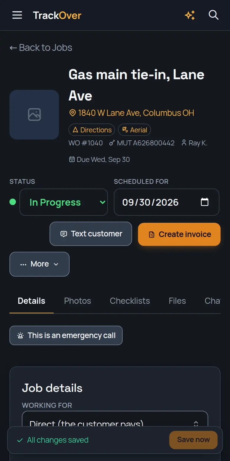A TrackOver job page on a phone: customer, address, status and the invoice button