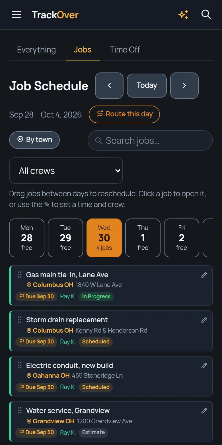 TrackOver job schedule on a phone, with the day's jobs, crew and status